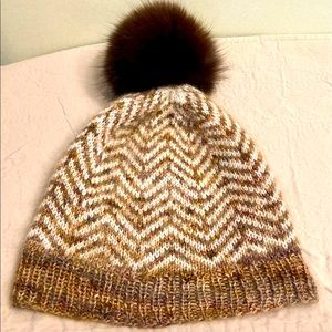Hand Knit Hat Merino, Mohair, Metallic Fox Pom Pom